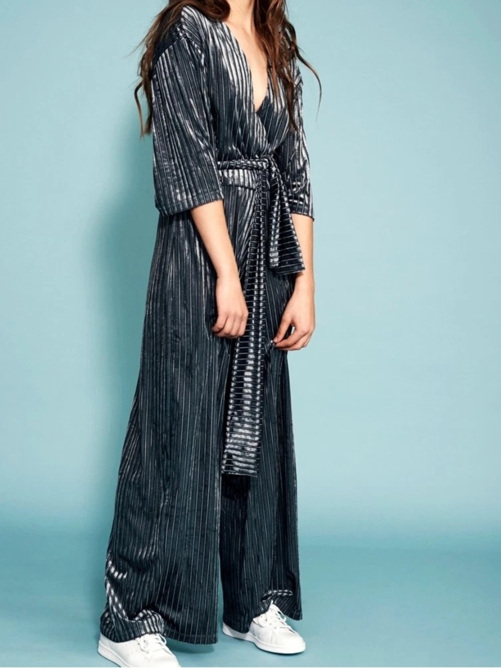 ZARA metallic gray wide legs velour Jumpsuit Sz‎ small